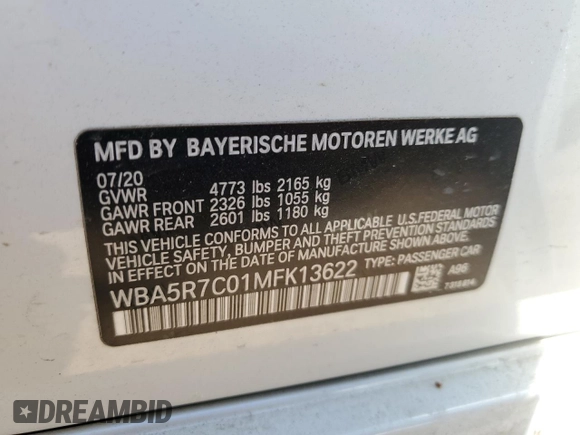 2021 BMW 3 Series 330i xDrive with VIN WBA5R7C01MFK13622, listed as a Copart auction lot 46520295 with 58,260 mi miles and Salvage title. Bid and sale history available at DreamBid. Image 12.