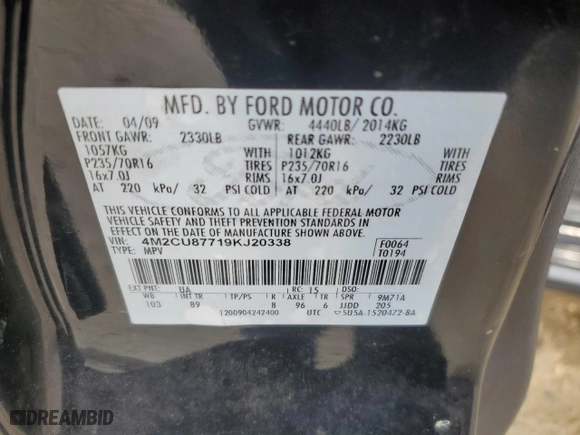 2009 Mercury Mariner Premier with VIN 4M2CU87719KJ20338, listed as a Copart auction lot 42972595 with 148,871 mi miles and Salvage Title. Bid and sale history available at carsss.com. Image 13.