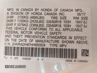 2017 Honda CR-V EX-L with VIN 2HKRW2H87HH650924, listed as a IAAI auction lot 42131606 with 72,415 mi miles and . Bid and sale history available at carsss.com. Image 9.