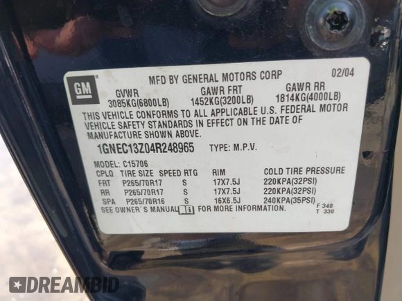 2004 Chevrolet Tahoe LS z VIN 1GNEC13Z04R248965, wystawiony jako IAAI lot #42031653 z przebiegiem 206 462 mil mil oraz . Historia ofert i sprzedaży dostępna na DreamBid. Obrazek 9.