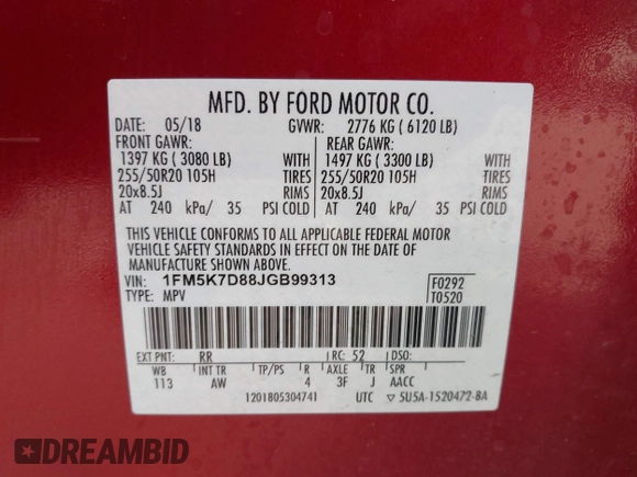 2018 Ford Explorer XLT with VIN 1FM5K7D88JGB99313, listed as a IAAI auction lot 42585157 with 67,331 mi miles and . Bid and sale history available at DreamBid. Image 9.