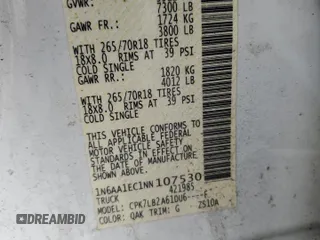 2022 Nissan Titan S with VIN 1N6AA1EC1NN107530, listed as a Copart auction lot 52035905 with 44,873 mi miles and Salvage title. Bid and sale history available at DreamBid. Image 12.