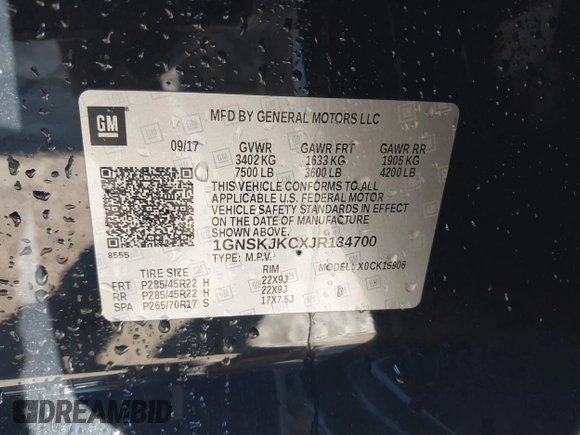 2018 Chevrolet Suburban Premier z VIN 1GNSKJKCXJR134700, wystawiony jako IAAI lot #41282040 z przebiegiem 105 554 mil mil oraz . Historia ofert i sprzedaży dostępna na DreamBid. Obrazek 9.