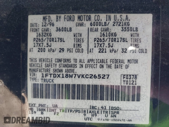 1997 Ford F-150 XL with VIN 1FTDX18W7VKC26527, listed as a IAAI auction lot 41692112 with 187,720 mi miles. Bid and sale history available at carsss.com. Image 9.