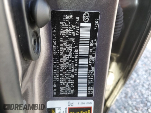 2015 Toyota Camry XLE with VIN 4T1BF1FKXFU899517, listed as a Copart auction lot 56001835 with 124,675 mi miles and Salvage Title. Bid and sale history available at DreamBid. Image 12.