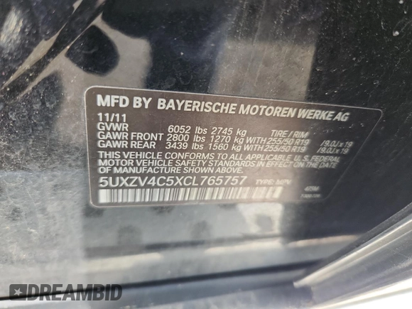 2012 BMW X5 35i with VIN 5UXZV4C5XCL765757, listed as a Copart auction lot 64497535 with 178,836 mi miles and Salvage title. Bid and sale history available at DreamBid. Image 13.