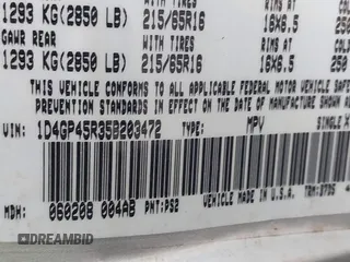 2005 Dodge Caravan SXT with VIN 1D4GP45R35B203472, listed as a IAAI auction lot 42198565 with 145,598 mi miles and . Bid and sale history available at carsss.com. Image 9.