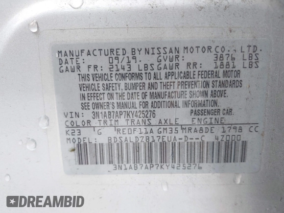 2019 Nissan Sentra S z VIN 3N1AB7AP7KY425276, wystawiony jako IAAI lot #41745256 z przebiegiem 72 306 mil mil oraz . Historia ofert i sprzedaży dostępna na DreamBid. Obrazek 9.