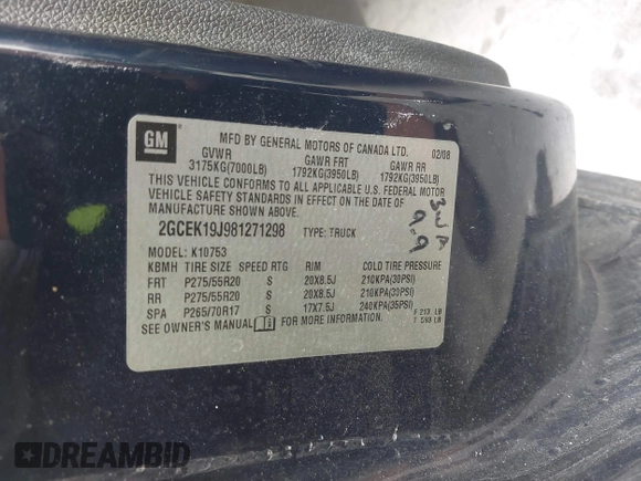 2008 Chevrolet Silverado 1500 1LT with VIN 2GCEK19J981271298, listed as a IAAI auction lot 42242284 with 186,255 mi miles and . Bid and sale history available at DreamBid. Image 9.