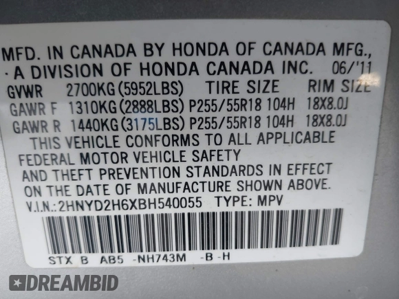 2011 Acura MDX Tech Pkg with VIN 2HNYD2H6XBH540055, listed as a IAAI auction lot 42118332 with 143,444 mi miles. Bid and sale history available at carsss.com. Image 9.