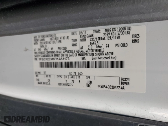 2015 Ford Transit XL with VIN 1FBZX2ZM6FKA63173, listed as a Copart auction lot 51581935 with 218,050 mi miles and Salvage Title. Bid and sale history available at DreamBid. Image 16.