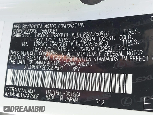 2013 Lexus GX 460 with VIN JTJBM7FX2D5062502, listed as a IAAI auction lot 41137201 with 206,735 mi miles and . Bid and sale history available at DreamBid. Image 9.