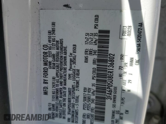 2014 Ford Fusion Titanium with VIN 3FA6P0SU8ER136802, listed as a Copart auction lot 62599815 with 144,799 mi miles and Salvage title. Bid and sale history available at DreamBid. Image 12.