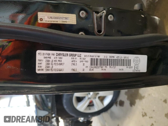 2013 Jeep Compass High Altitude with VIN 1C4NJDAB2DD277807, listed as a Copart auction lot 45500125 with 224,273 mi miles and Salvage Title. Bid and sale history available at carsss.com. Image 14.