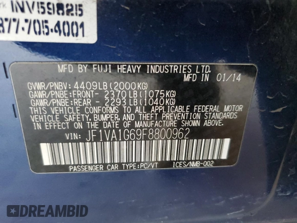 2015 Subaru WRX Limited with VIN JF1VA1G69F8800962, listed as a Copart auction lot 87975295 with 69,079 mi miles and Salvage Title. Bid and sale history available at carsss.com. Image 14.