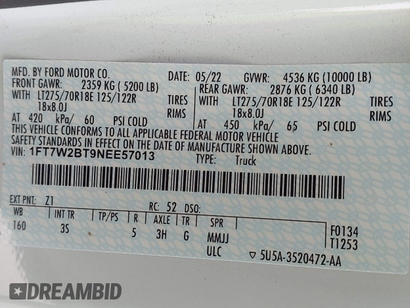 2022 Ford F-250 XL with VIN 1FT7W2BT9NEE57013, listed as a IAAI auction lot 41436204 with 38,823 mi miles and . Bid and sale history available at DreamBid. Image 9.