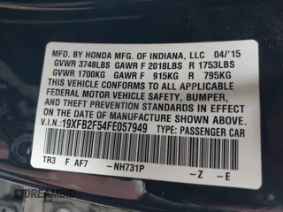 2015 Honda Civic Sedan LX with VIN 19XFB2F54FE057949, listed as a IAAI auction lot 41990069 with 174,000 mi miles. Bid and sale history available at carsss.com. Image 9.