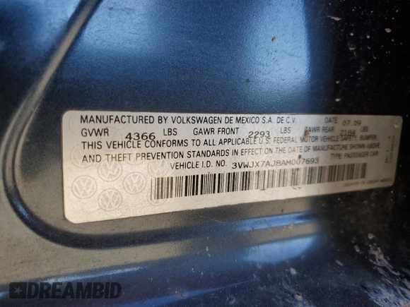 2010 Volkswagen Jetta S with VIN 3VWJX7AJ8AM007693, listed as a Copart auction lot 86056024 with 198,492 mi miles and Salvage title. Bid and sale history available at DreamBid. Image 14.