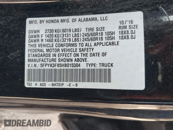 2017 Honda Ridgeline Black Edition with VIN 5FPYK3F85HB015304, listed as a IAAI auction lot 39998433 with 153,296 mi miles and . Bid and sale history available at DreamBid. Image 9.
