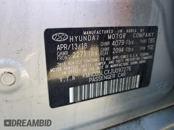 2018 Hyundai Ioniq Limited with VIN KMHC05LCXJU097276, listed as a Copart auction lot 51117795 with 73,779 mi miles and Salvage title. Bid and sale history available at DreamBid. Image 12.