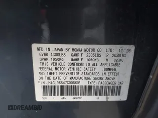 2007 Acura TSX with VIN JH4CL96847C008602, listed as a IAAI auction lot 42824401 with 165,073 mi miles and . Bid and sale history available at DreamBid. Image 9.