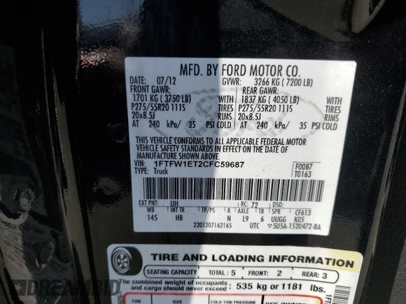 2012 Ford F-150 XL with VIN 1FTFW1ET2CFC59687, listed as a Copart auction lot 62725565 with 294,167 mi miles and Clean title. Bid and sale history available at DreamBid. Image 12.