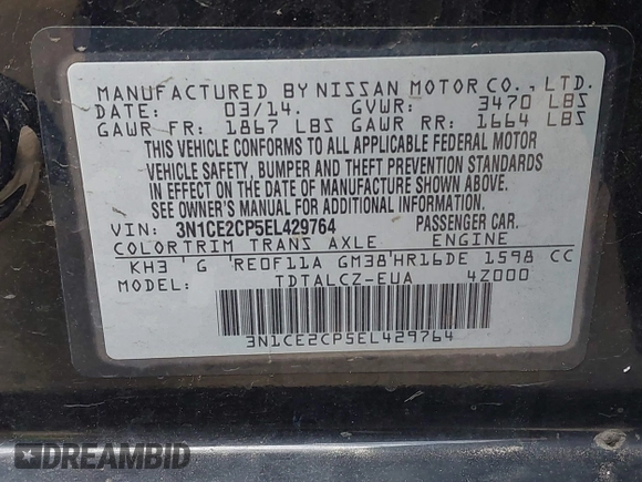 2014 Nissan Note S Plus with VIN 3N1CE2CP5EL429764, listed as a IAAI auction lot 42688083 with 133,728 mi miles and . Bid and sale history available at DreamBid. Image 9.