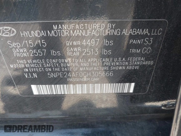 2016 Hyundai Sonata SE with VIN 5NPE24AF0GH305666, listed as a IAAI auction lot 42396430 with Not provided miles and . Bid and sale history available at DreamBid. Image 9.