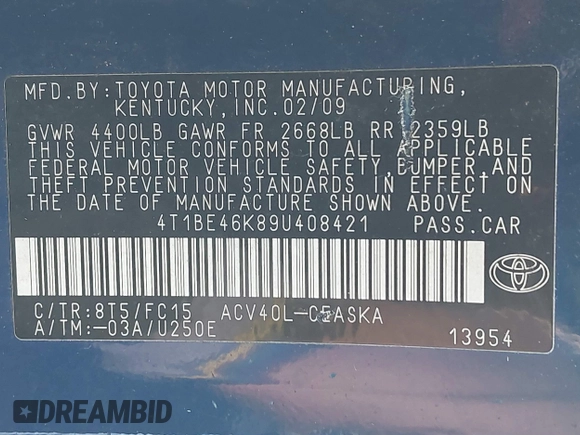 2009 Toyota Camry with VIN 4T1BE46K89U408421, listed as a IAAI auction lot 39794623 with 41,462 mi miles and . Bid and sale history available at DreamBid. Image 9.