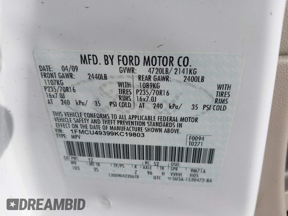 2009 Ford Escape Hybrid with VIN 1FMCU49399KC19803, listed as a IAAI auction lot 42004776 with 163,353 mi miles and . Bid and sale history available at DreamBid. Image 9.