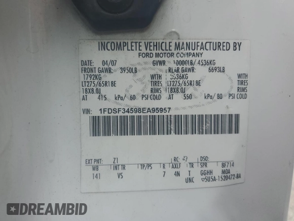2008 Ford F-350 XL with VIN 1FDSF34598EA95957, listed as a Copart auction lot 71172104 with Not Provided miles and Salvage Title. Bid and sale history available at DreamBid. Image 12.