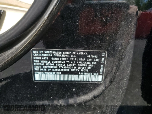 2012 Volkswagen Passat SE с VIN 1VWBH7A33CC061894, выставлен на аукционе Copart как лот 59264975 с пробегом 124 534 миль миль и Списание • Salvage title. История ставок и продаж доступна на DreamBid. Изображение 12.