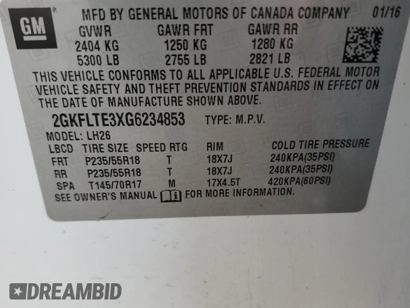 2016 GMC Terrain SLE with VIN 2GKFLTE3XG6234853, listed as a Copart auction lot 47572435 with 155,579 mi miles and Salvage Title. Bid and sale history available at DreamBid. Image 13.