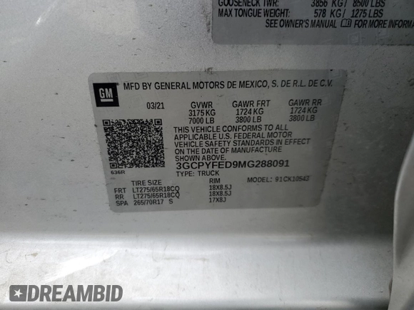 2021 Chevrolet Silverado 1500 LT Trail Boss with VIN 3GCPYFED9MG288091, listed as a Copart auction lot 49337885 with 25,175 mi miles and Salvage Title. Bid and sale history available at DreamBid. Image 12.