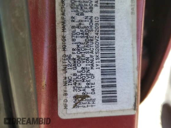 1997 Geo Prizm z VIN 1Y1SK5260VZ420910, wystawiony jako Copart lot #50652205 z przebiegiem 186 105 mil mil oraz Szkoda całkowita • Salvage title. Historia ofert i sprzedaży dostępna na DreamBid. Obrazek 14.