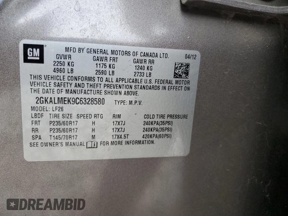 2012 GMC Terrain SLE-1 with VIN 2GKALMEK9C6328580, listed as a Copart auction lot 56764225 with 159,095 mi miles and Salvage title. Bid and sale history available at DreamBid. Image 13.