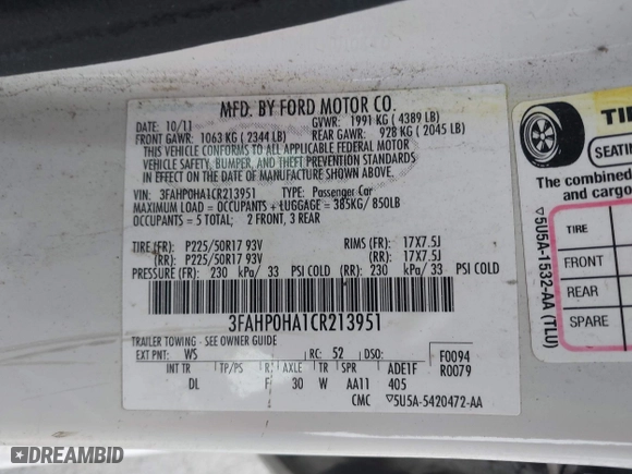 2012 Ford Fusion SE with VIN 3FAHP0HA1CR213951, listed as a IAAI auction lot 42046104 with 163,511 mi miles. Bid and sale history available at carsss.com. Image 9.
