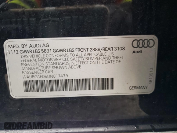 2013 Audi A8 L 3.0L with VIN WAURGAFD5DN017479, listed as a Copart auction lot 52292865 with 225,180 mi miles and Non Repairable. Bid and sale history available at carsss.com. Image 12.