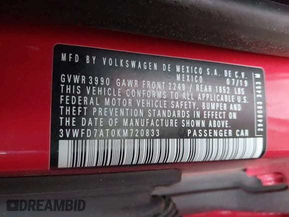 2019 Volkswagen Beetle S с VIN 3VWFD7AT0KM720833, выставлен на аукционе IAAI как лот 40231743 с пробегом 38 227 миль миль и . История ставок и продаж доступна на DreamBid. Изображение 9.