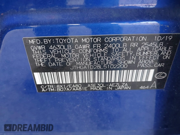 2020 Lexus IS 300 F Sport with VIN JTHGA1D28L5102200, listed as a IAAI auction lot 41780938 with 50,778 mi miles and . Bid and sale history available at DreamBid. Image 9.