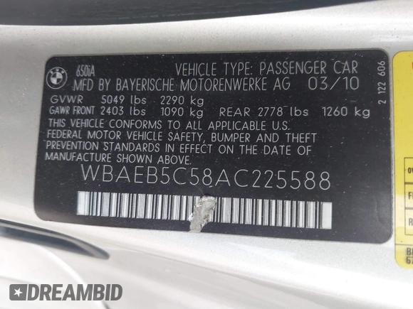 2010 BMW 6 Series 650i with VIN WBAEB5C58AC225588, listed as a IAAI auction lot 41186110 with 83,032 mi miles and . Bid and sale history available at DreamBid. Image 9.