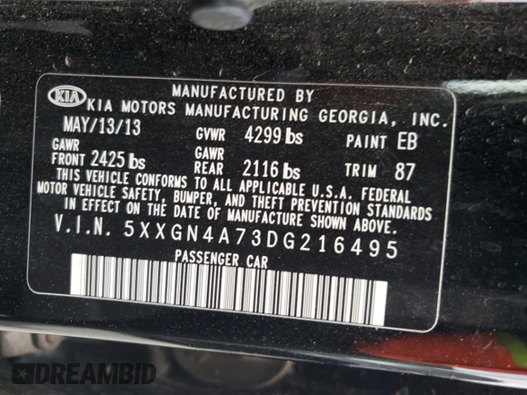 2013 Kia Optima EX with VIN 5XXGN4A73DG216495, listed as a Copart auction lot 59525295 with 180,253 mi miles and Clean title. Bid and sale history available at DreamBid. Image 12.