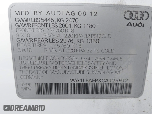 2012 Audi Q5 Premium Plus with VIN WA1LFAFPXCA125912, listed as a IAAI auction lot 42428627 with 128,617 mi miles and . Bid and sale history available at DreamBid. Image 9.