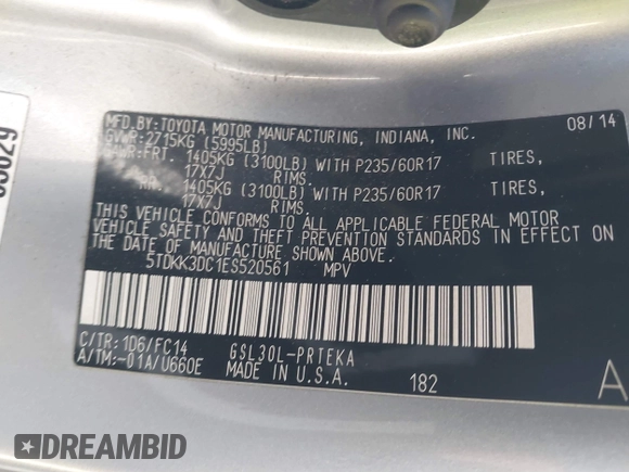 2014 Toyota Sienna LE AAS with VIN 5TDKK3DC1ES520561, listed as a IAAI auction lot 41959565 with 115,908 mi miles and . Bid and sale history available at carsss.com. Image 9.