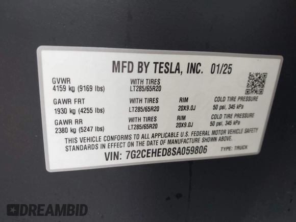 2025 Tesla Cybertruck с VIN 7G2CEHED8SA059806, выставлен на аукционе IAAI как лот 41706116 с пробегом 212 миль миль и . История ставок и продаж доступна на DreamBid. Изображение 9.