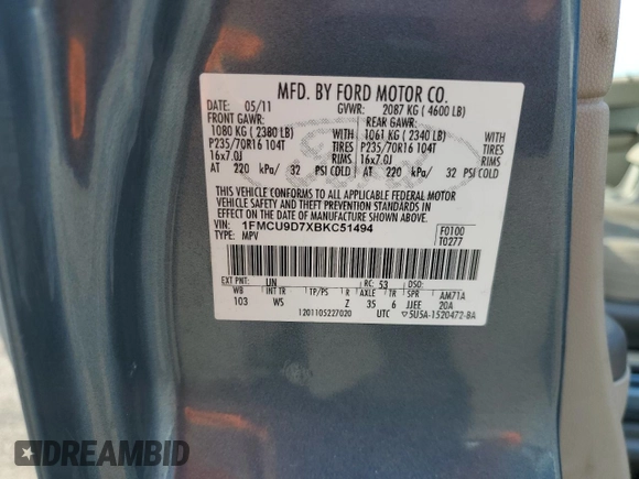 2011 Ford Escape XLT с VIN 1FMCU9D7XBKC51494, выставлен на аукционе Copart как лот 60563505 с пробегом 225 573 миль миль и Чистый • Clean title. История ставок и продаж доступна на DreamBid. Изображение 14.