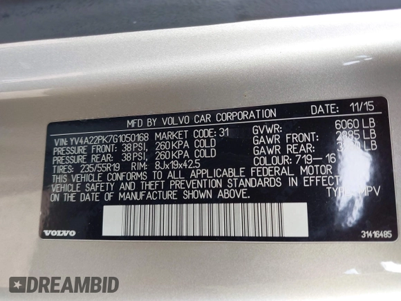 2016 Volvo XC90 T6 Momentum with VIN YV4A22PK7G1050168, listed as a IAAI auction lot 41720055 with 119,957 mi miles. Bid and sale history available at carsss.com. Image 9.
