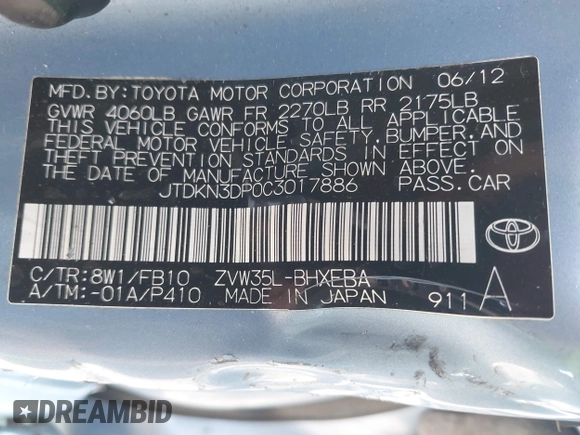 2012 Toyota Prius z VIN JTDKN3DP0C3017886, wystawiony jako IAAI lot #41966038 z przebiegiem 41 923 mil mil oraz . Historia ofert i sprzedaży dostępna na DreamBid. Obrazek 9.