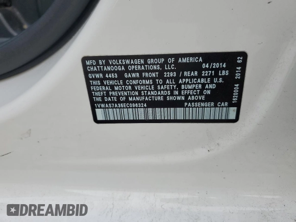 2014 Volkswagen Passat Wolfsburg Ed with VIN 1VWAS7A35EC096324, listed as a Copart auction lot 76344514 with 72,987 mi miles and Salvage Title. Bid and sale history available at carsss.com. Image 12.