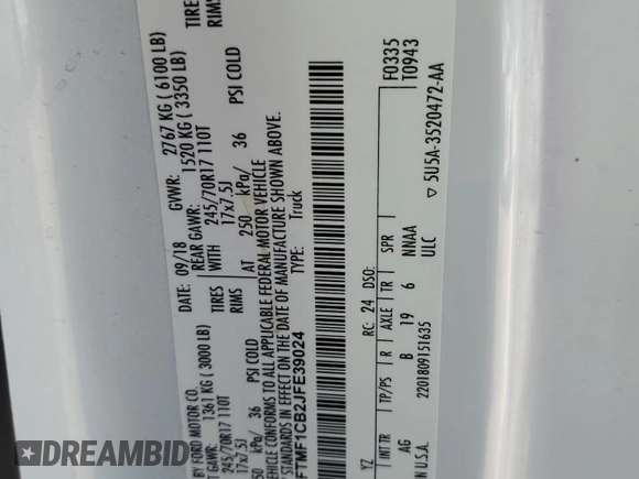 2018 Ford F-150 XL with VIN 1FTMF1CB2JFE39024, listed as a Copart auction lot 88847245 with 121,592 mi miles and Salvage Title. Bid and sale history available at carsss.com. Image 14.